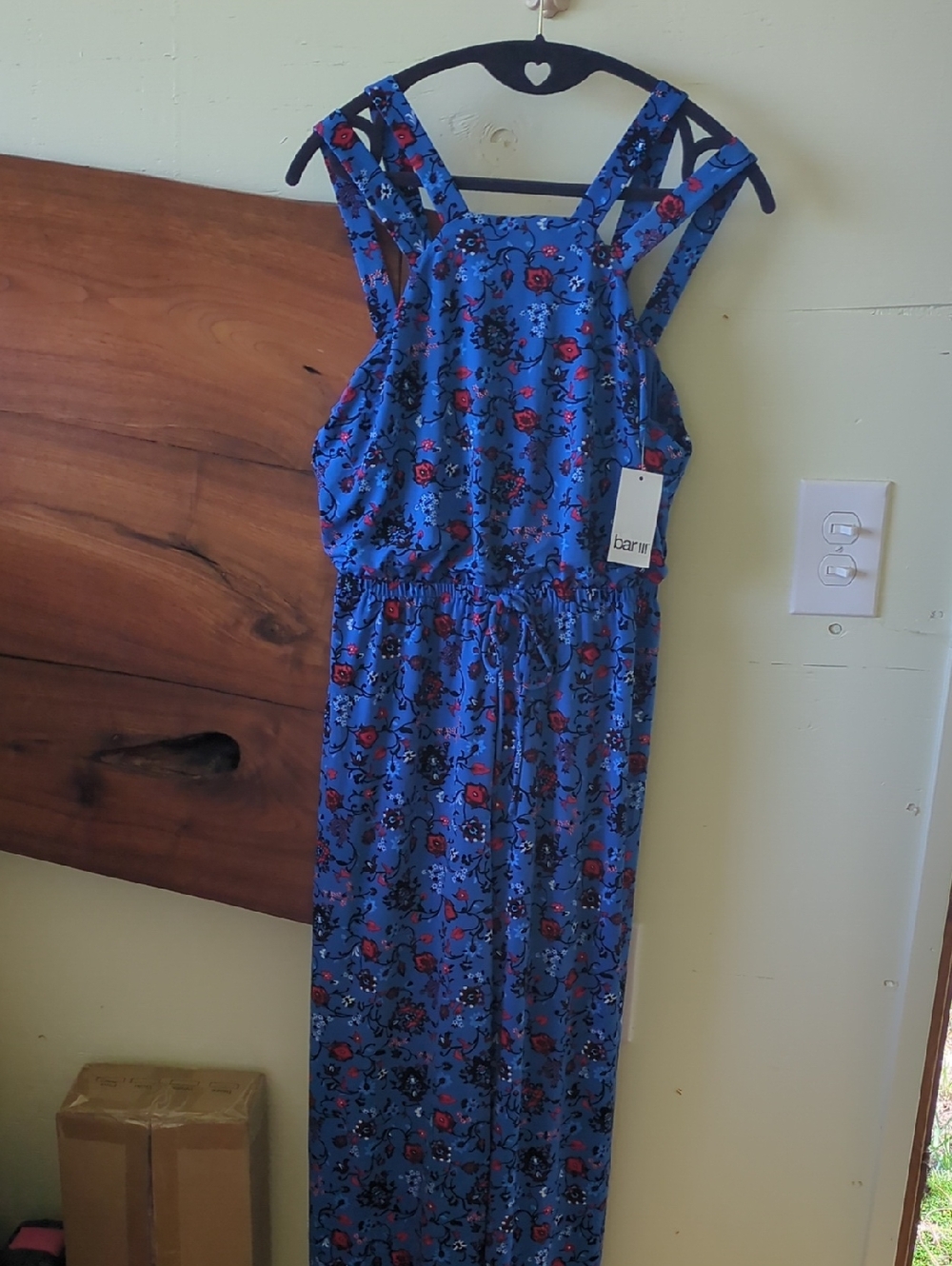 Bar III Bright Blue Floral Jumpsuit with Red & Black Accents